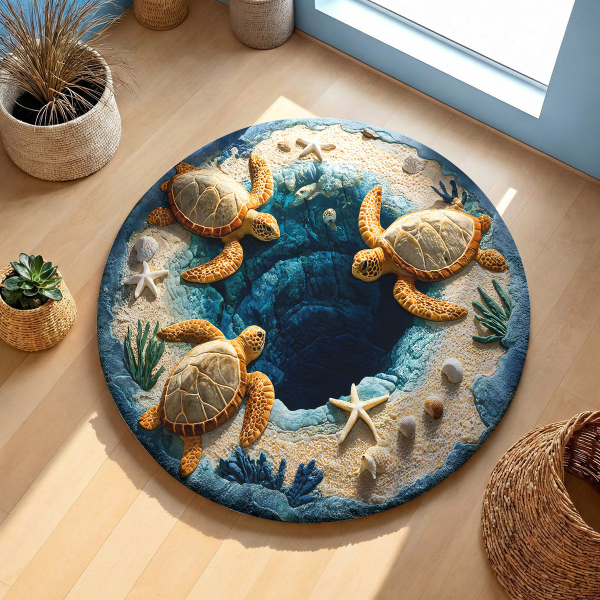 Sea Turtle Round Rug 3D Illusion Flat Print Ocean Calm Coastal Decor
