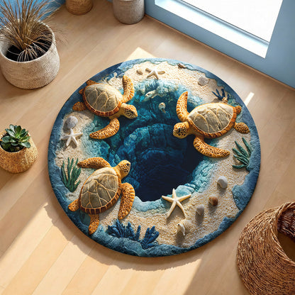 Sea Turtle Round Rug 3D Illusion Flat Print Ocean Calm Coastal Decor