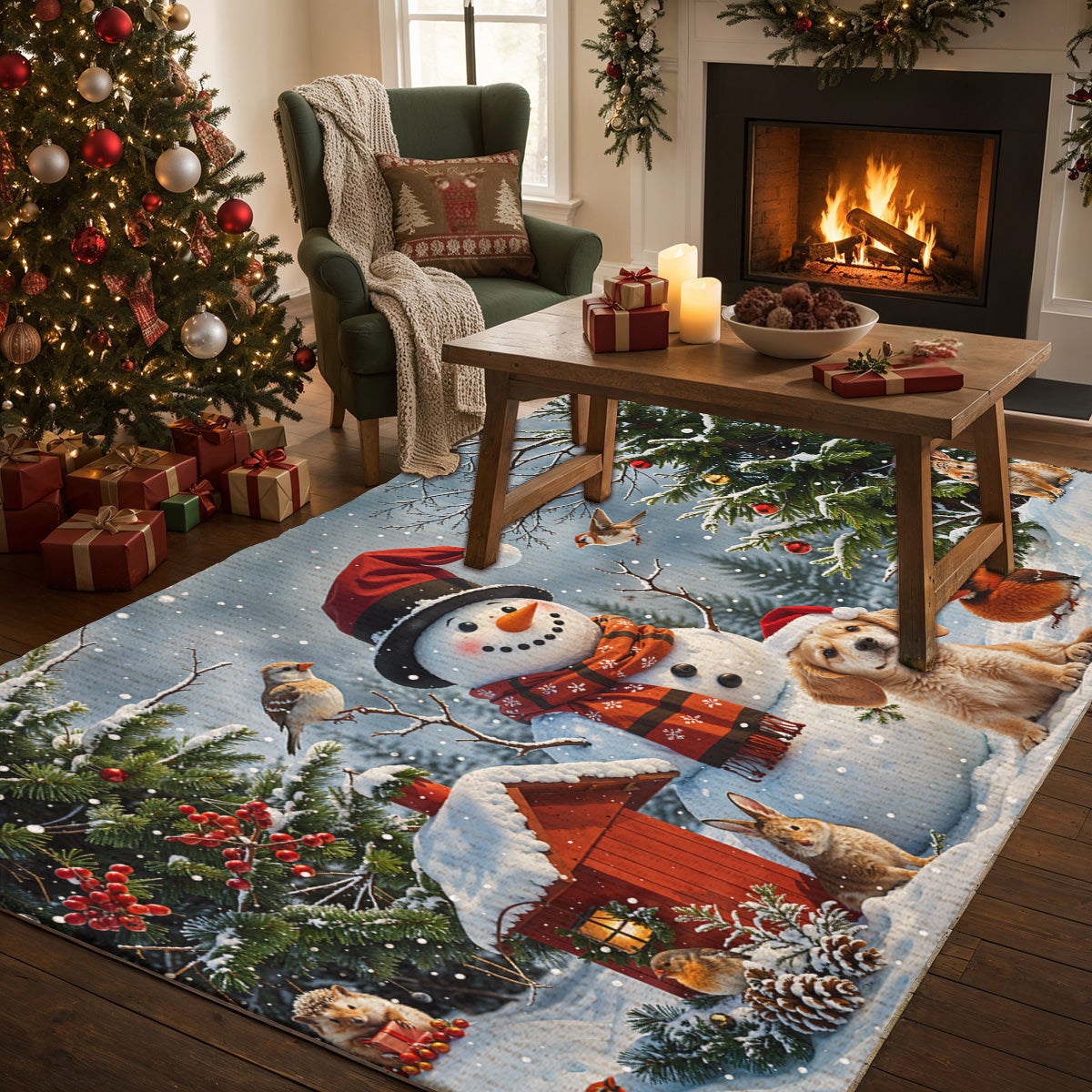 Christmas Area Rug Happy Snowman’s Woodland Companions