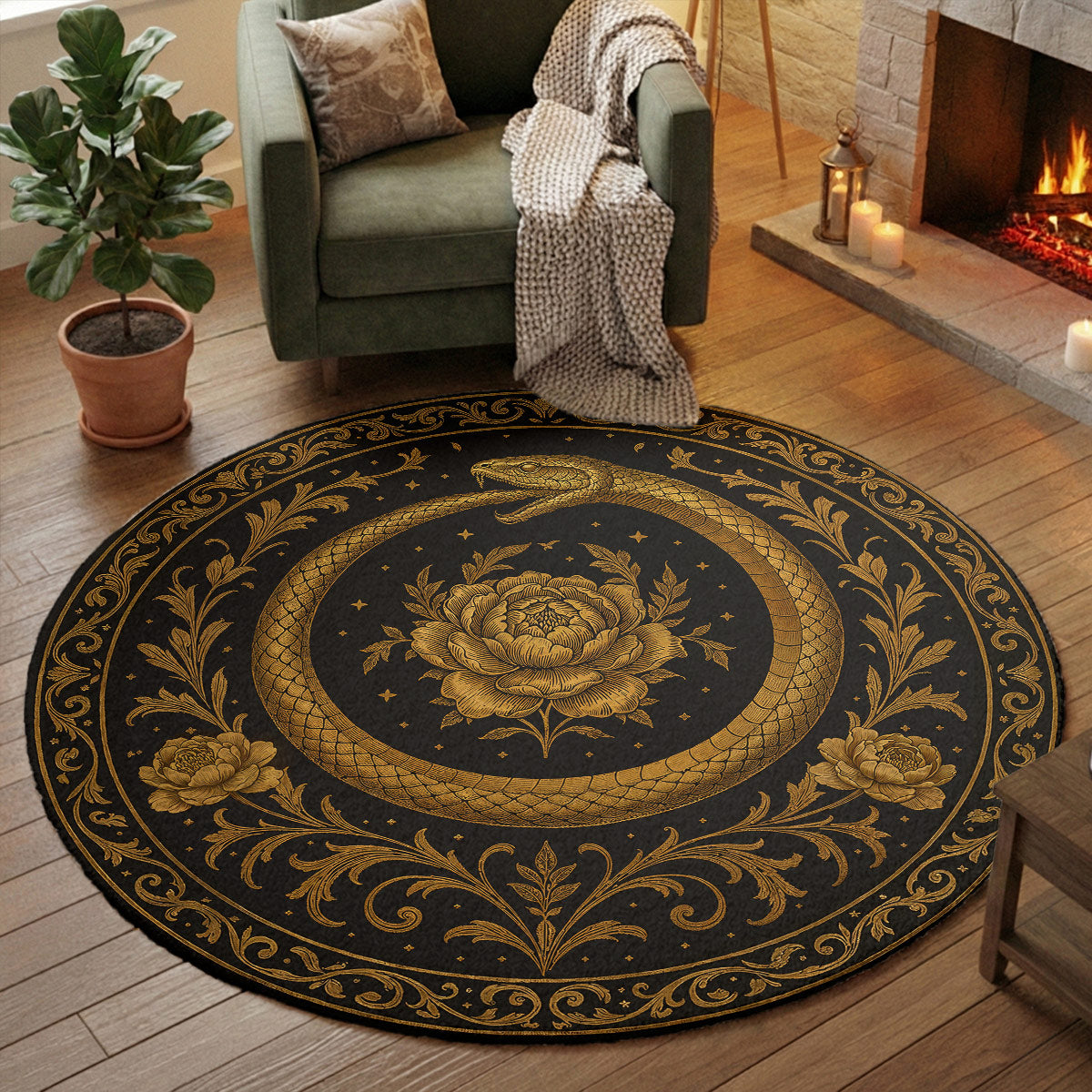 Gothic Round Rug Ouroboros Snake Bloom Within the Circle