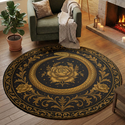 Gothic Round Rug Ouroboros Snake Bloom Within the Circle