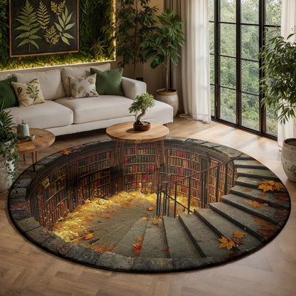 Reading Round Rug Enchanted Spiral Library Hollow 3D Illusion Flat Print