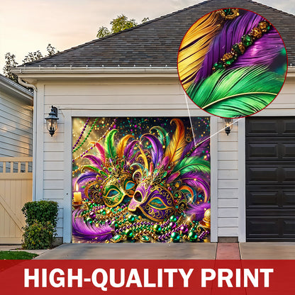 Mardi Gras Garage Door Banner Decoration - Opulent Feather Masque