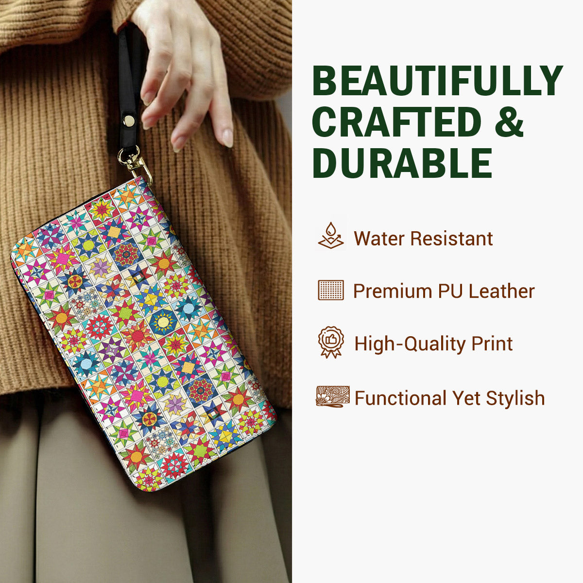 Sewing Lover Leather Wallet Colorful Quilt Blocks