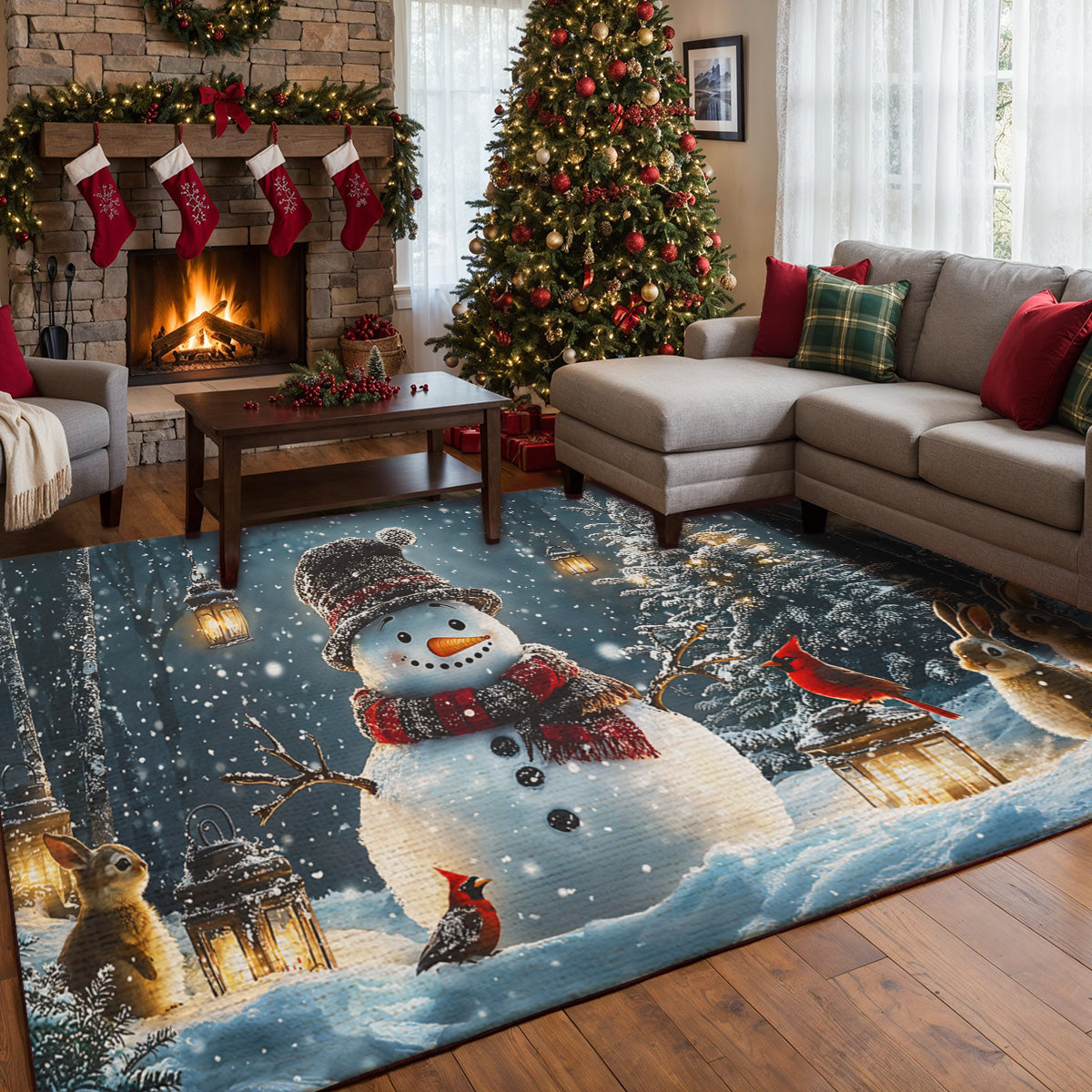 Christmas Area Rug Snowman and Forest Companions in a Lantern Lit Winter Scene