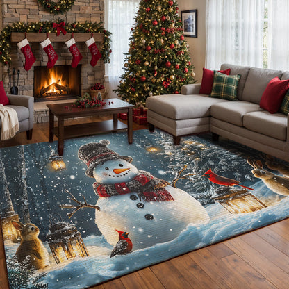 Christmas Area Rug Snowman and Forest Companions in a Lantern Lit Winter Scene