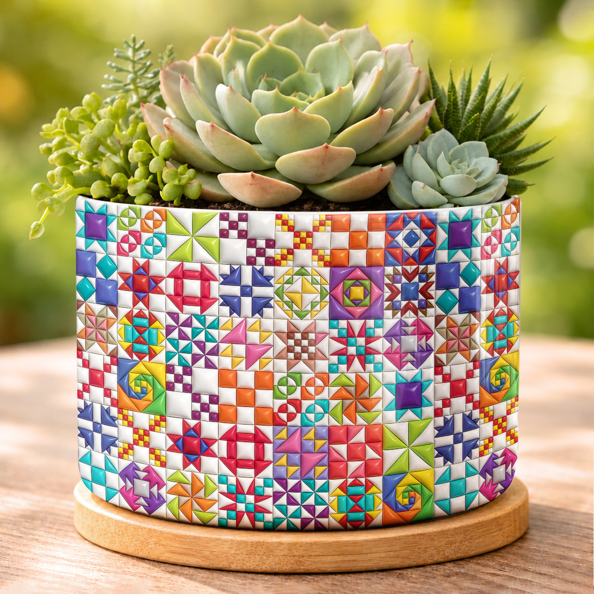 Sewing Lover Ceramic Plant Pot with Bamboo Tray Colorful Quilt Blocks