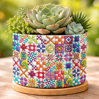 Sewing Lover Ceramic Plant Pot with Bamboo Tray Colorful Quilt Blocks