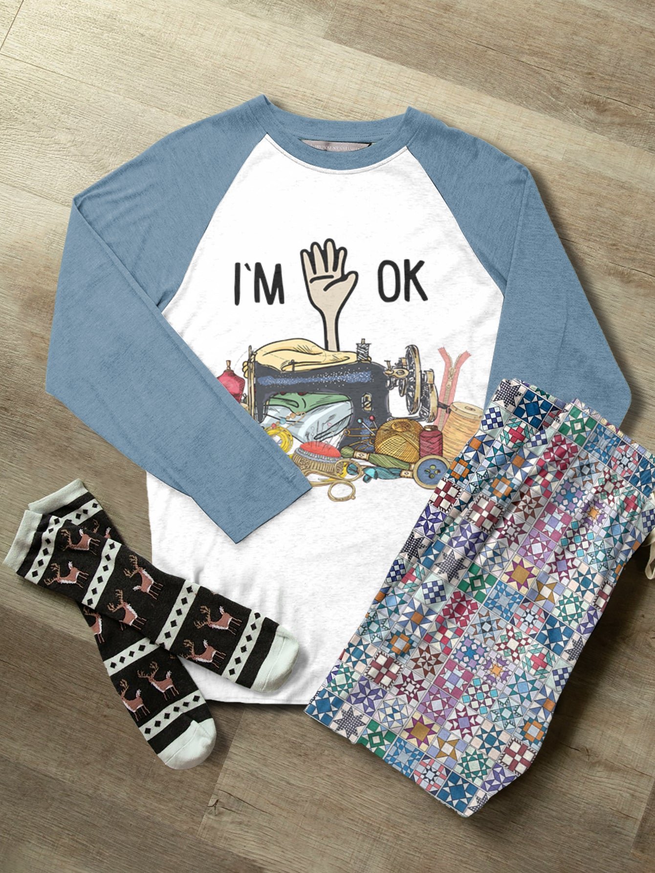 Sewing Lover Raglan Lounge Pajamas I'm OK Quilt Blocks