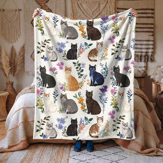 Cat Fleece Blanket Charming Floral Cats