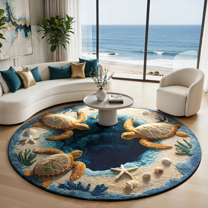 Sea Turtle Round Rug 3D Illusion Flat Print Ocean Calm Coastal Decor