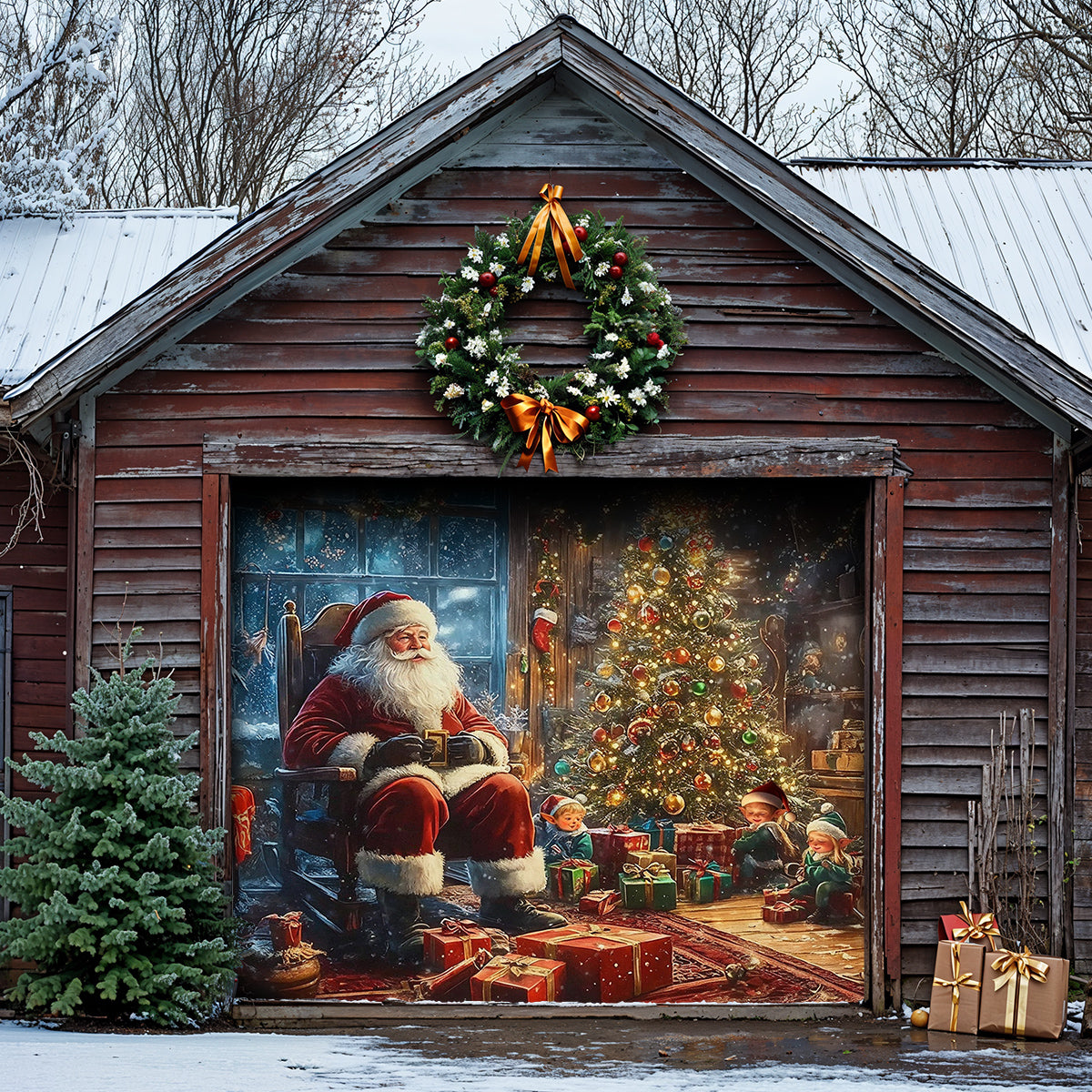 Christmas Garage Door Banner Decoration - Santa’s Cozy Workshop A Magical Christmas Eve with Elves and Gifts