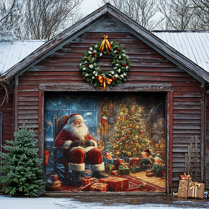 Christmas Garage Door Banner Decoration - Santa’s Cozy Workshop A Magical Christmas Eve with Elves and Gifts