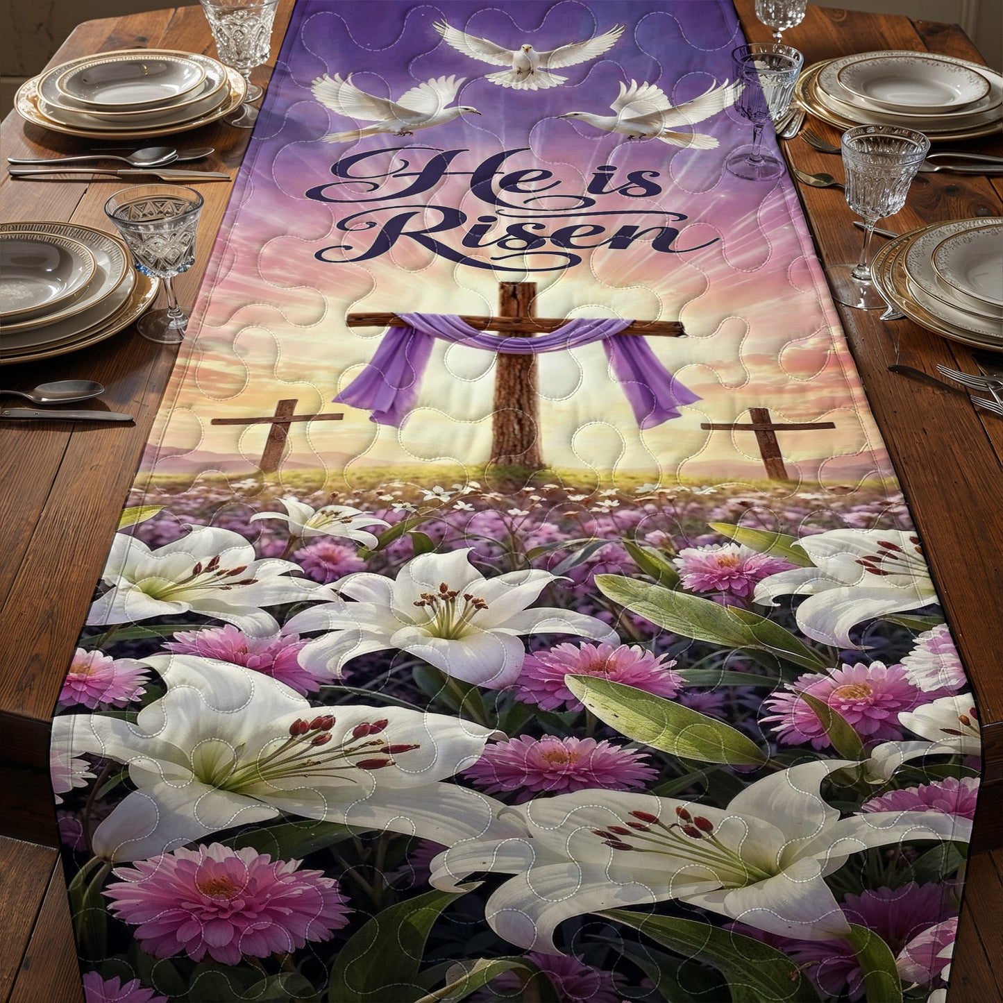 Christian Easter Quilted Table Runner Risen In Eternal Glory