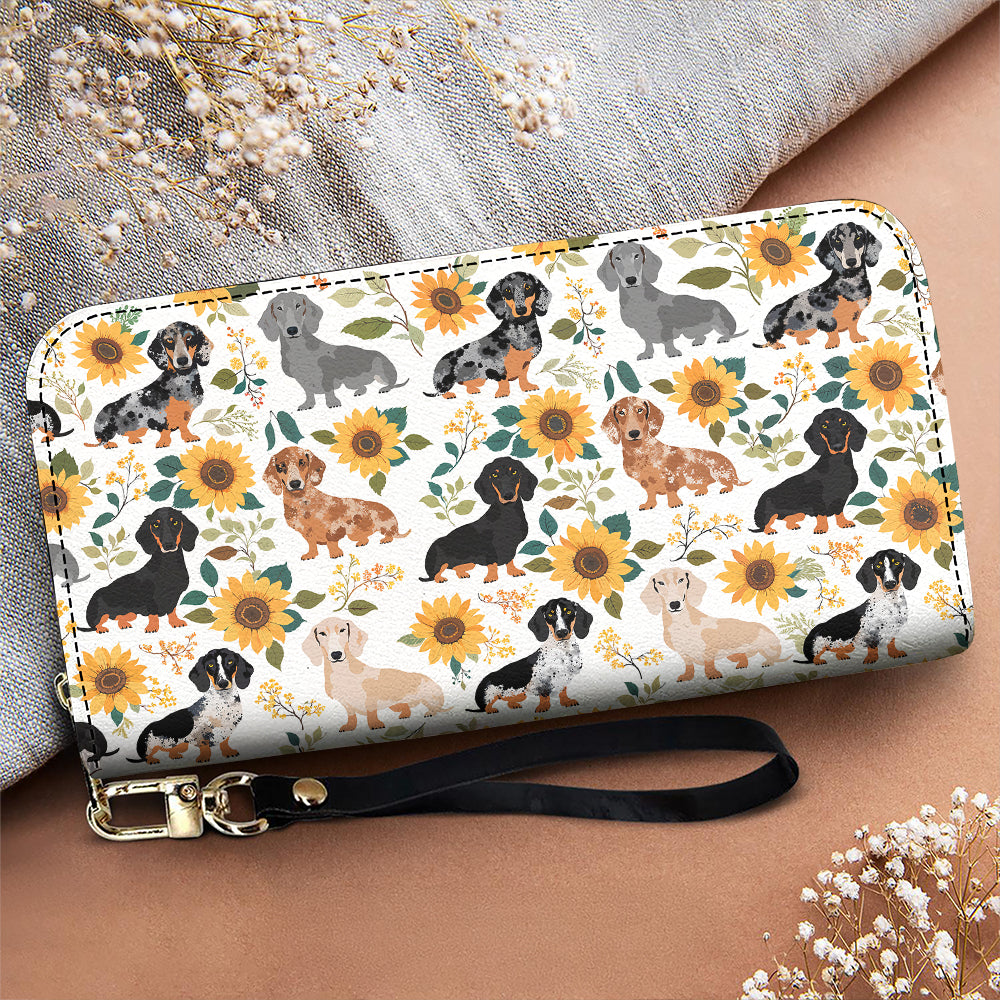Dachshund Leather Wallet Dachshunds Among Sunflowers