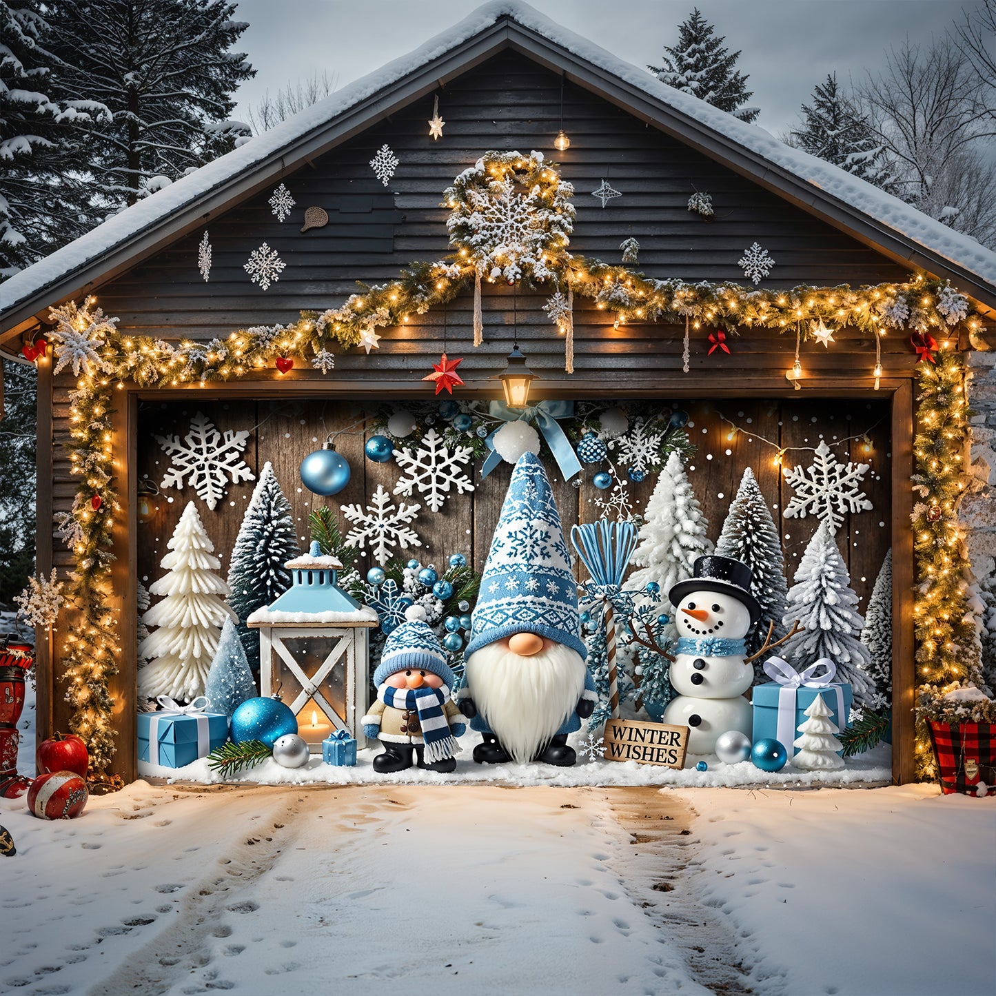 Christmas Garage Door Banner Decoration - Winter Wishes in a Gnome Wonderland
