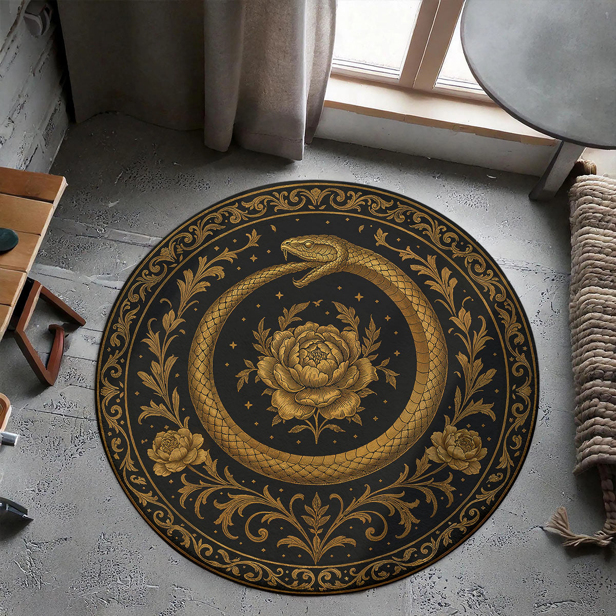 Gothic Round Rug Ouroboros Snake Bloom Within the Circle