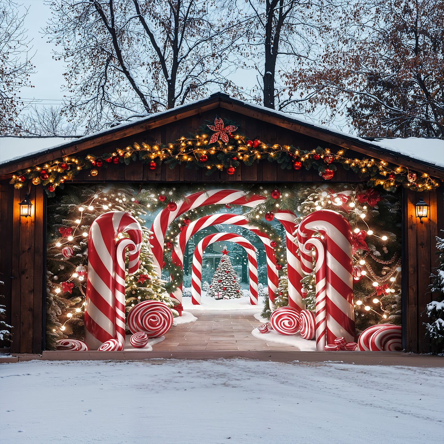 Christmas Garage Door Banner Decoration - Giant Canes on Christmas Lane