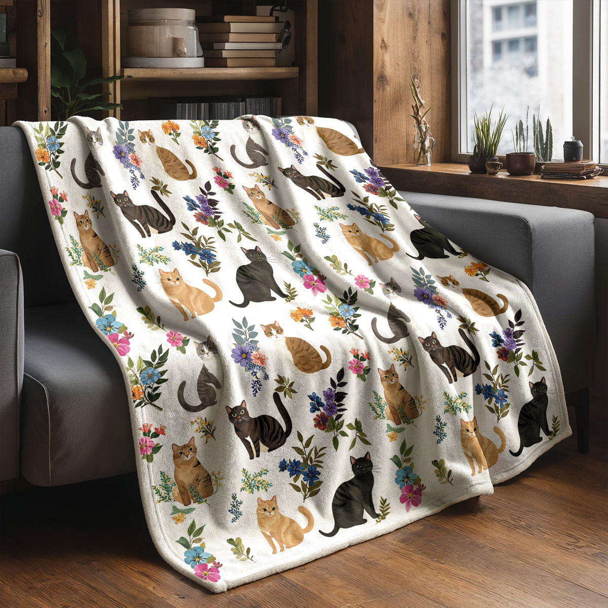 Cat Fleece Blanket Cute Floral Cats