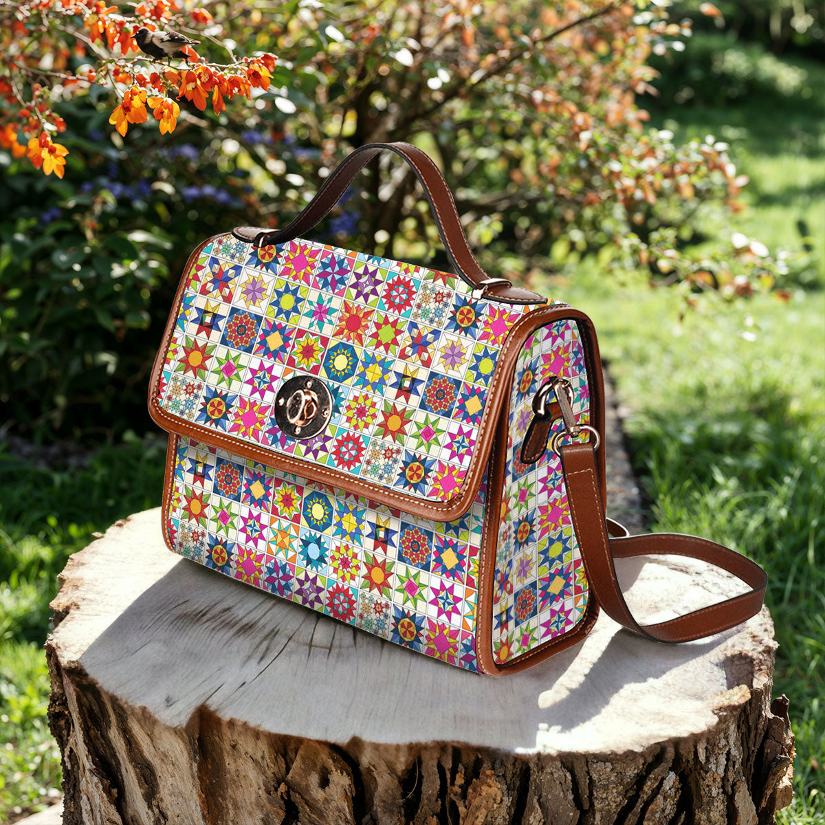 Sewing Lover Satchel Handbag Colorful Quilt Blocks