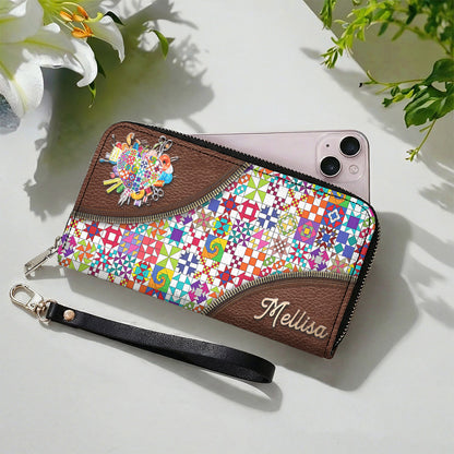 Sewing Lover Leather Wallet Personalized ColorBust Quilt Blocks
