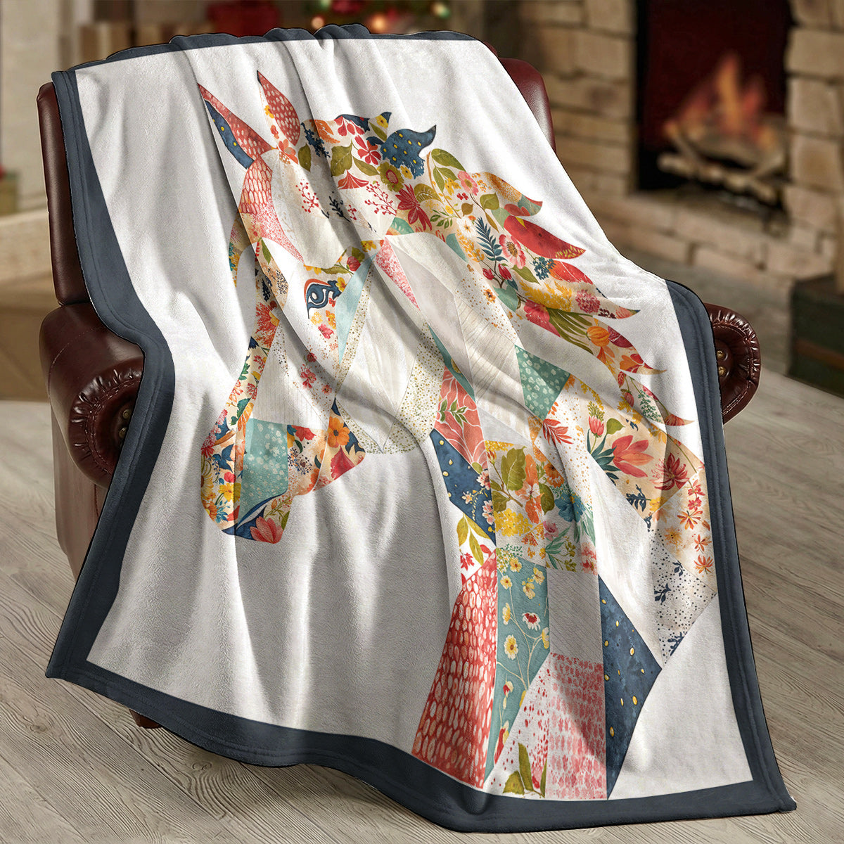 Horse Fleece Blanket Charming Floral Horse