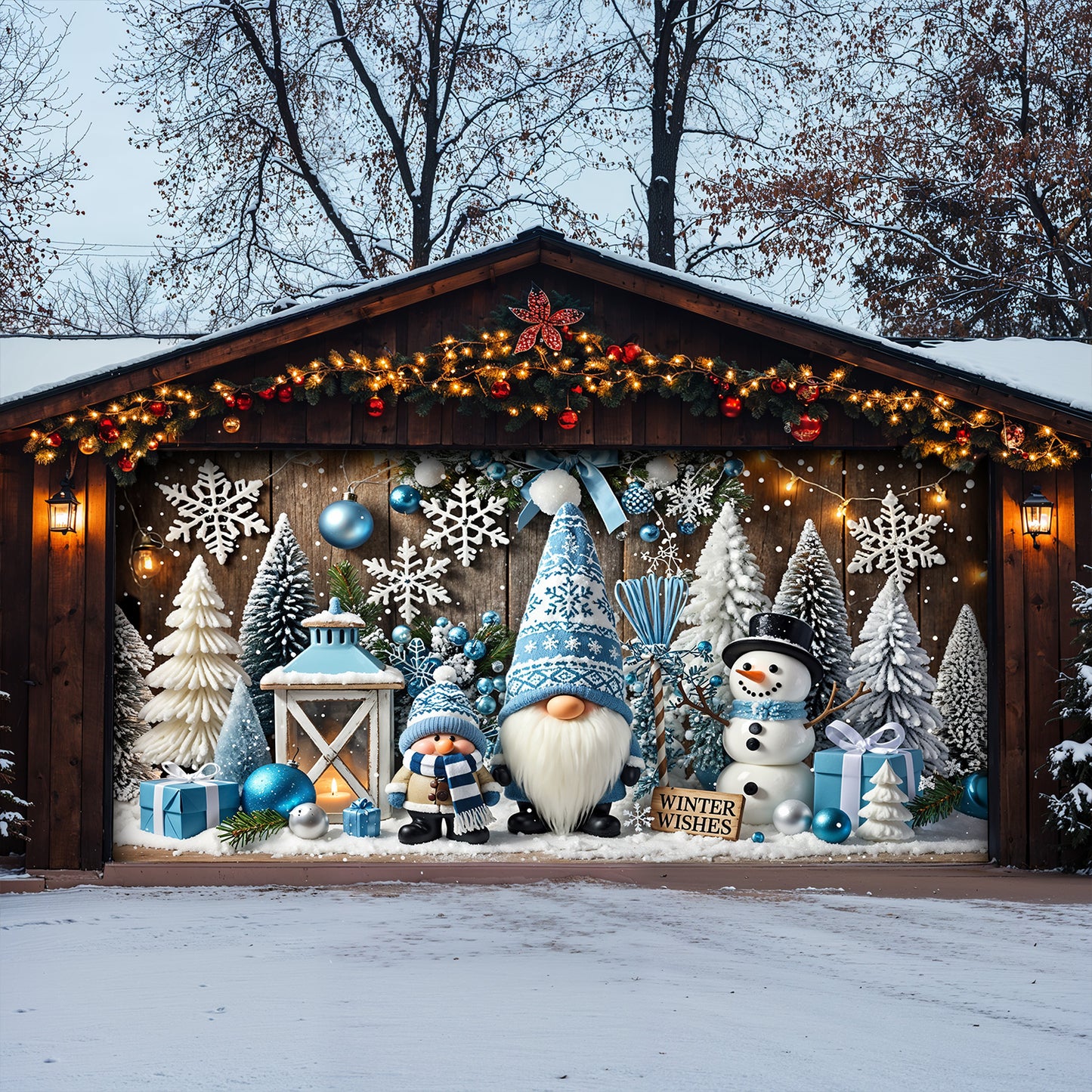 Christmas Garage Door Banner Decoration - Winter Wishes in a Gnome Wonderland