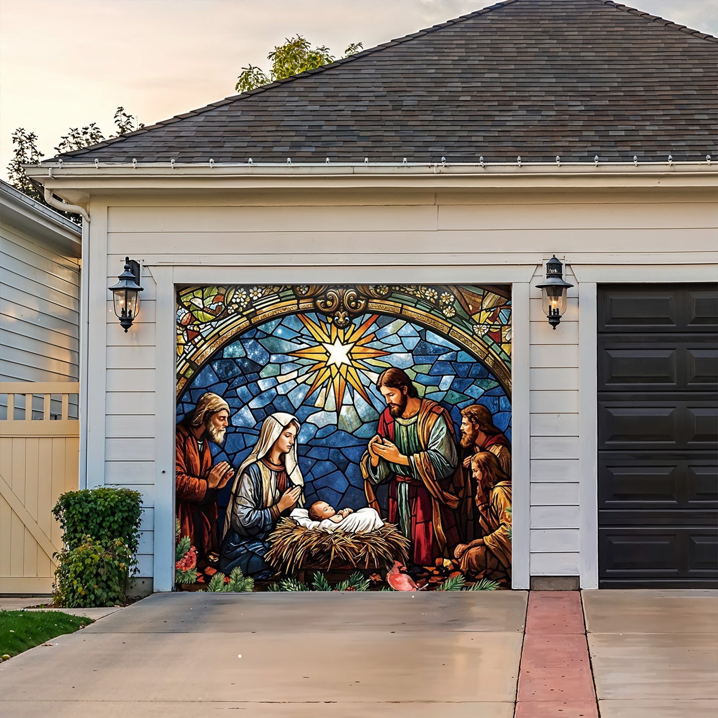 God Garage Door Banner Decoration - The Holy Night in Stained Glass