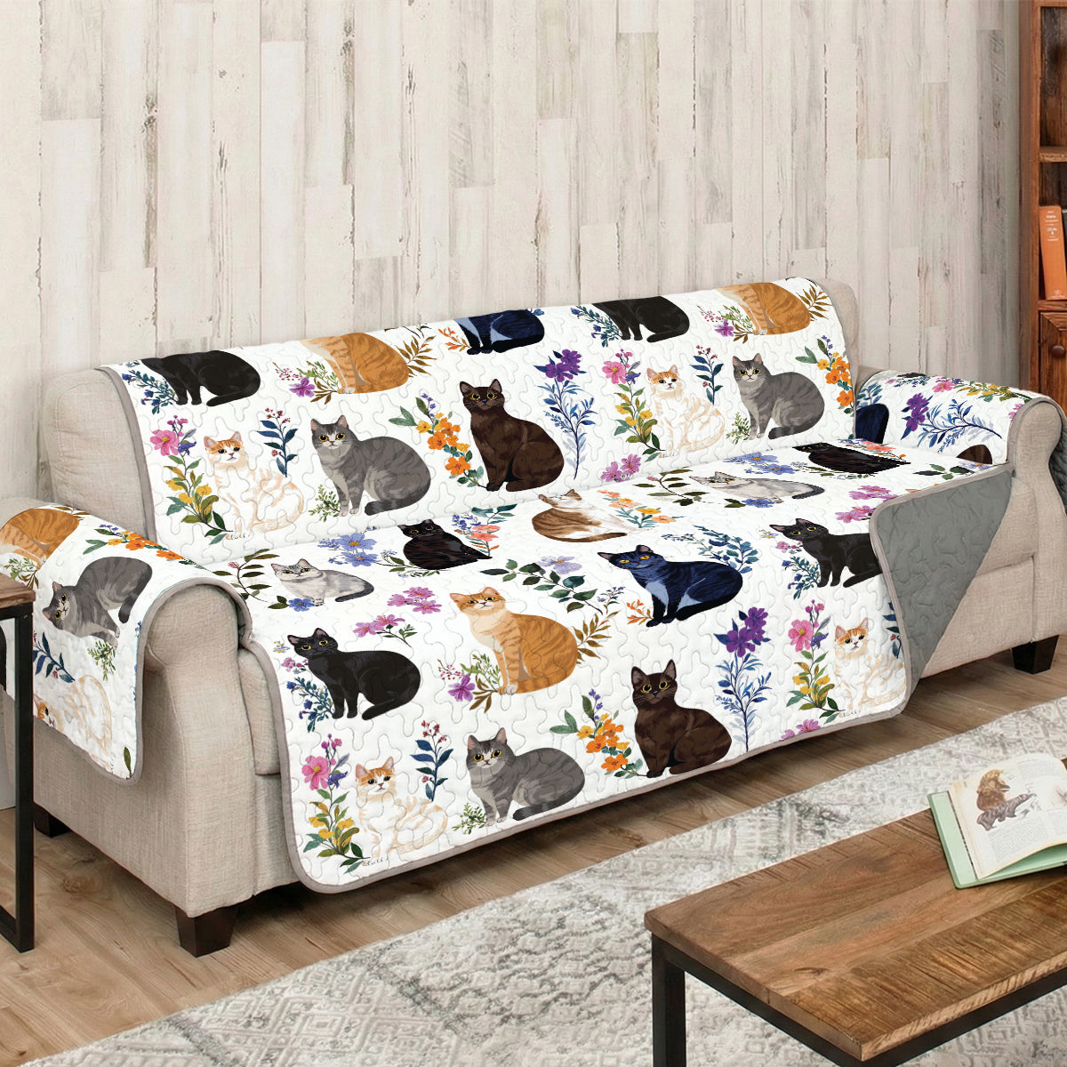 Cat Quilted Sofa Cover Charming Floral Cats