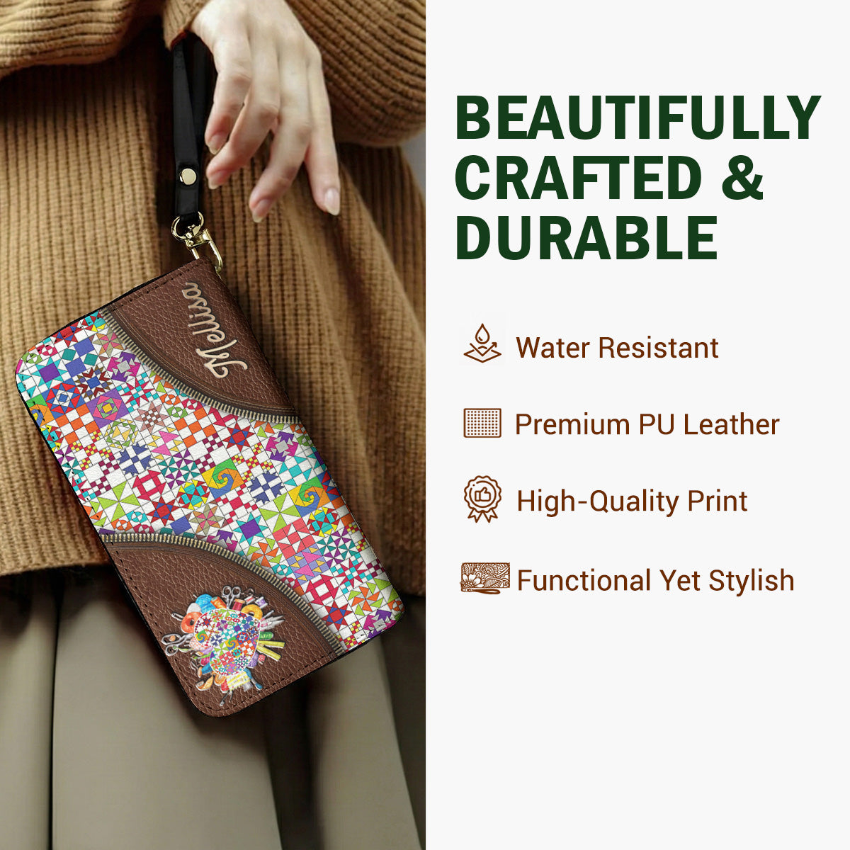 Sewing Lover Leather Wallet Personalized ColorBust Quilt Blocks