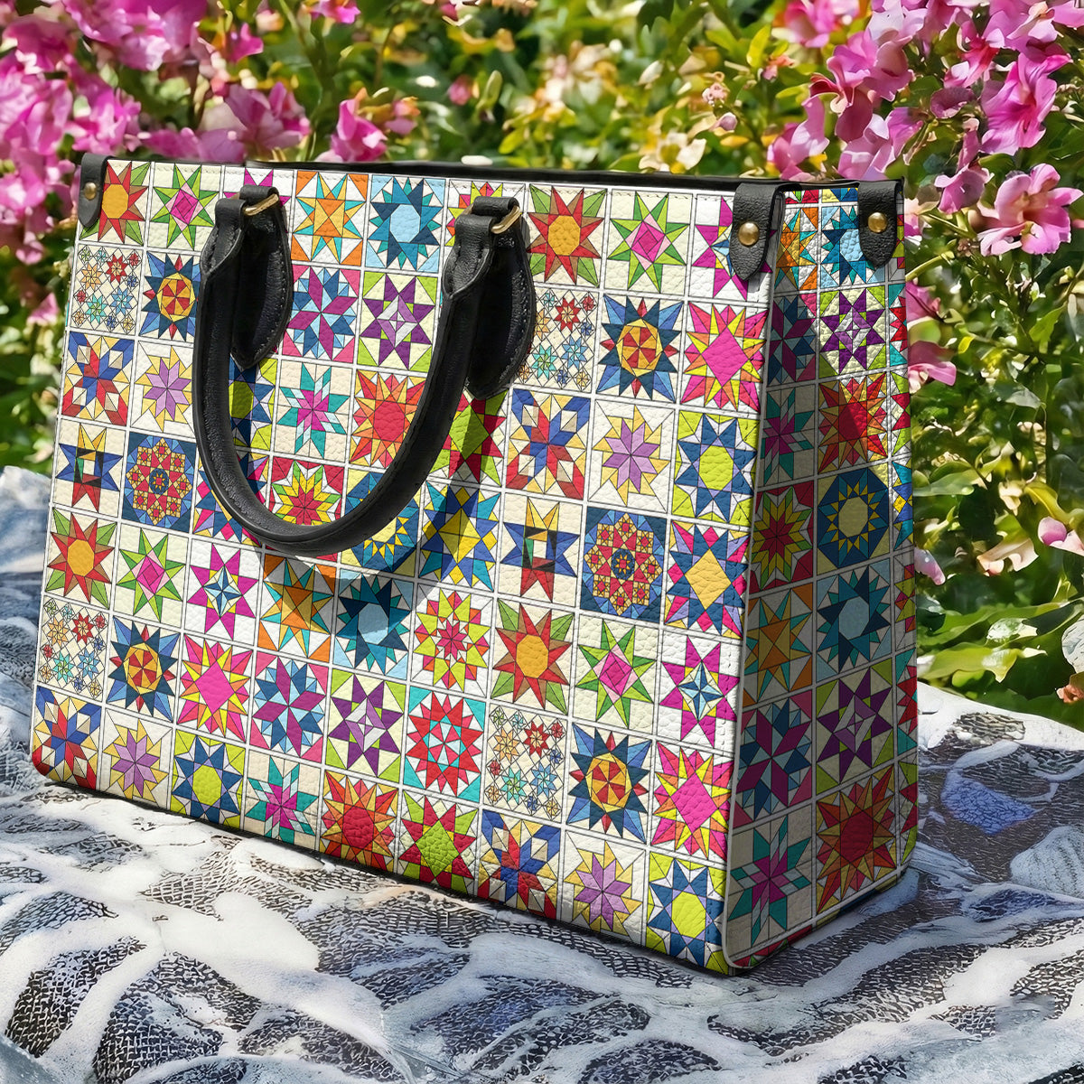 Sewing Lover Leather Handbag Colorful Quilt Blocks