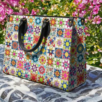 Sewing Lover Leather Handbag Colorful Quilt Blocks