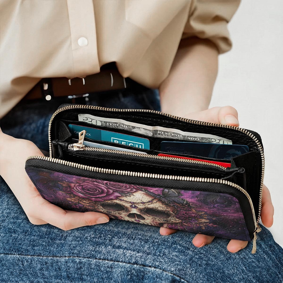 Skull Leather Wallet Midnight Bloom Violet Rose Gothic Skull