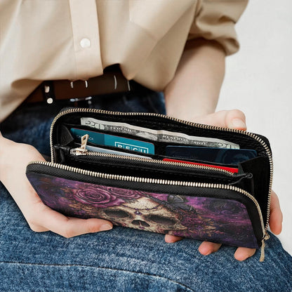 Skull Leather Wallet Midnight Bloom Violet Rose Gothic Skull