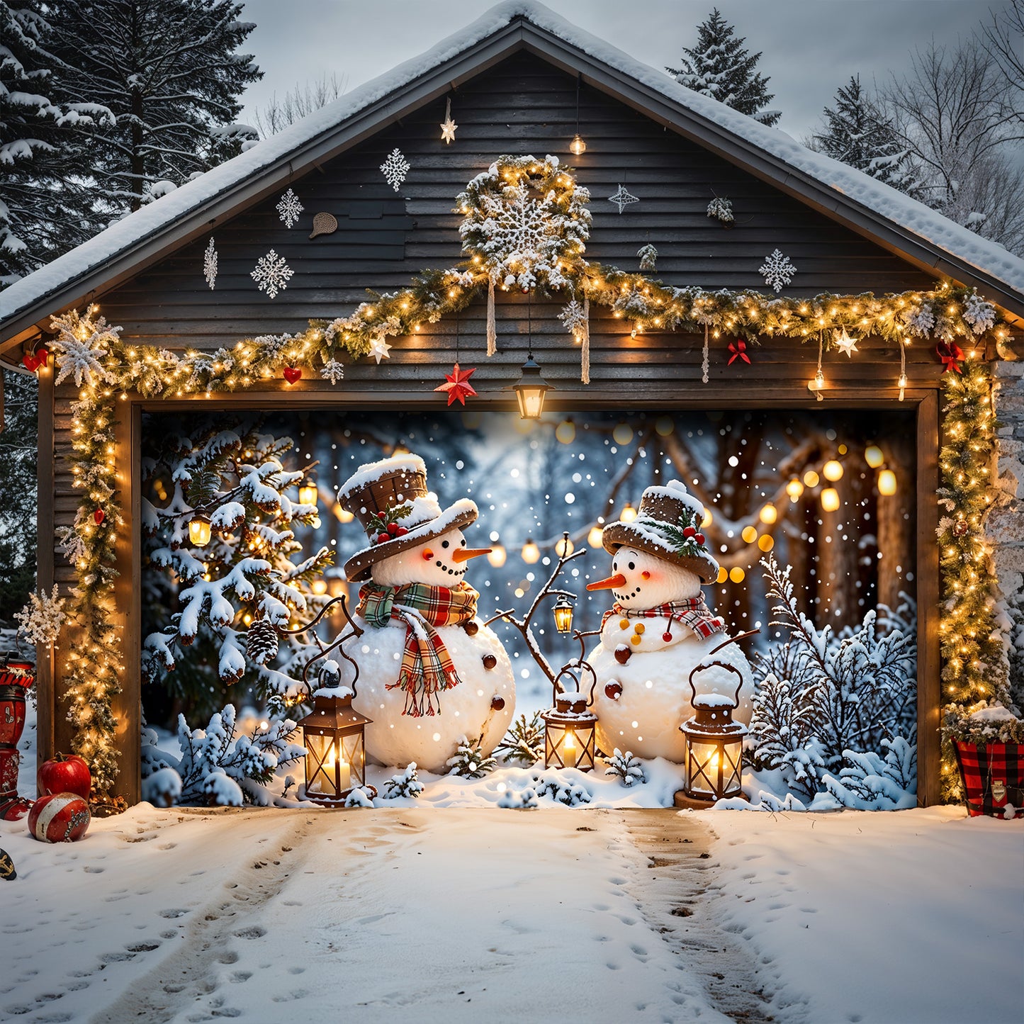 Christmas Garage Door Banner Decoration - Happy Snowmen’s Cozy Forest Glow