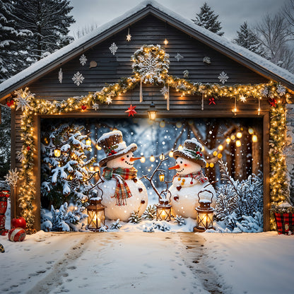 Christmas Garage Door Banner Decoration - Happy Snowmen’s Cozy Forest Glow