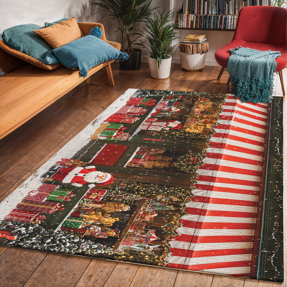 Christmas Area Rug Christmas A Snowy Shopfront with Santa and Presents