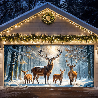 Christmas Garage Door Banner Decoration - Majestic Reindeer Family in Winter Wonderland