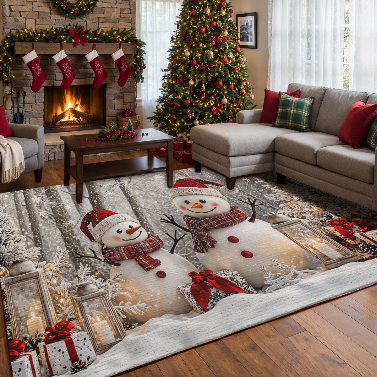 Christmas Area Rug Winter Forest Happy Snowman Couple