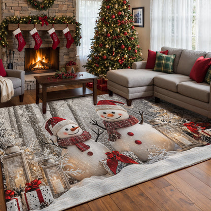 Christmas Area Rug Winter Forest Happy Snowman Couple