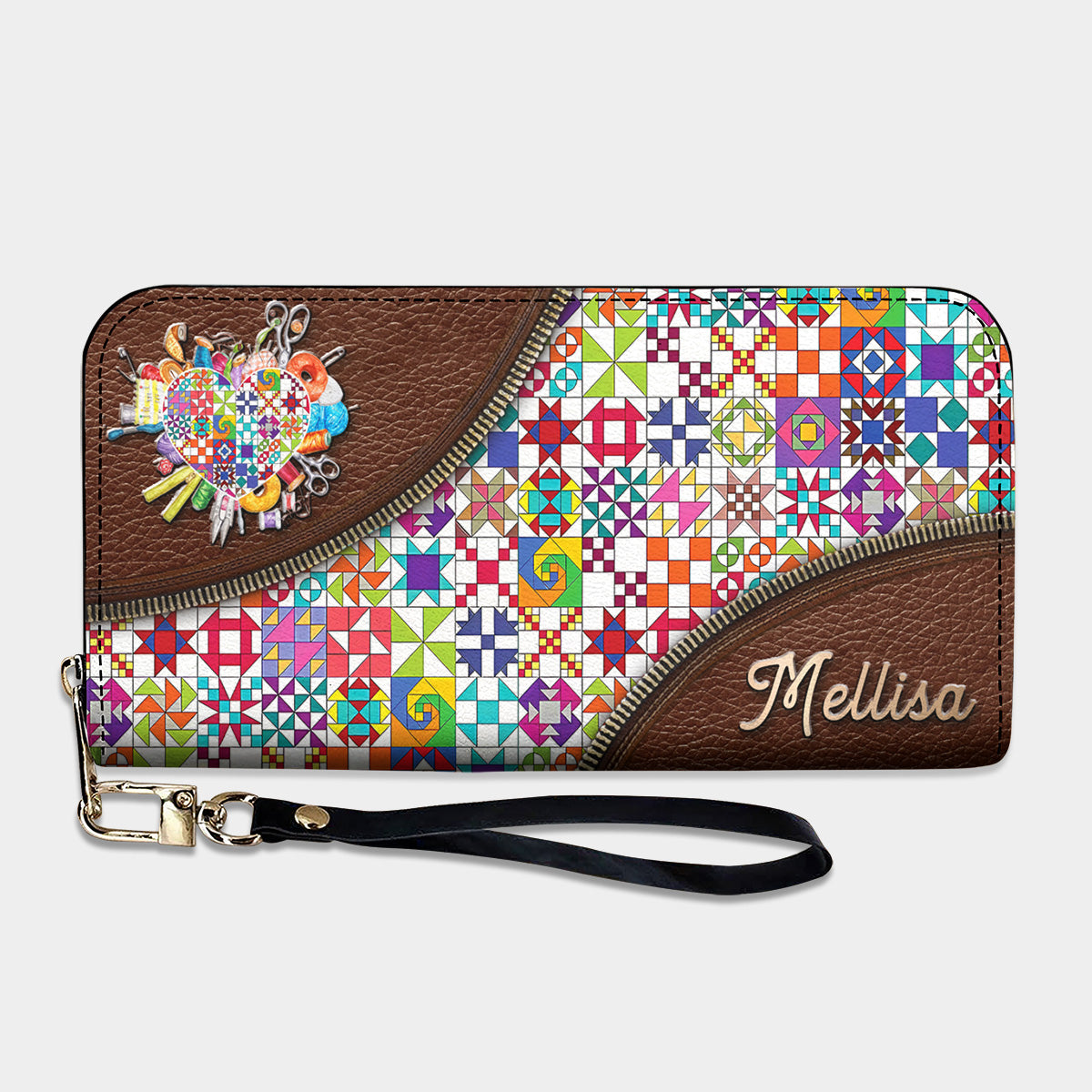 Sewing Lover Leather Wallet Personalized ColorBust Quilt Blocks