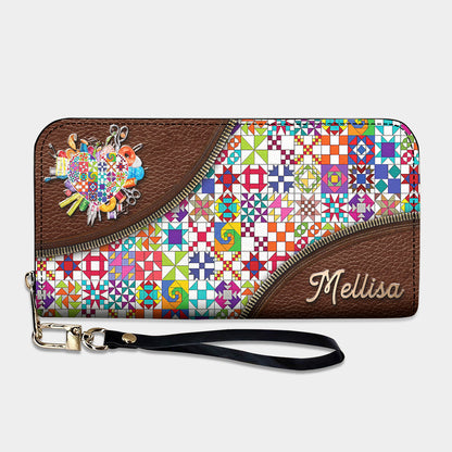 Sewing Lover Leather Wallet Personalized ColorBust Quilt Blocks