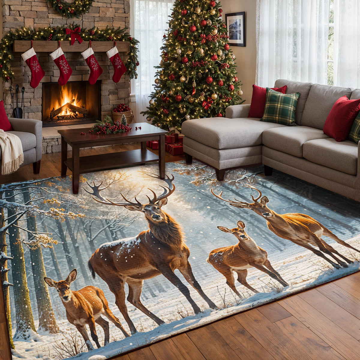 Nature Area Rug Majestic Reindeer Family in Winter Wonderland