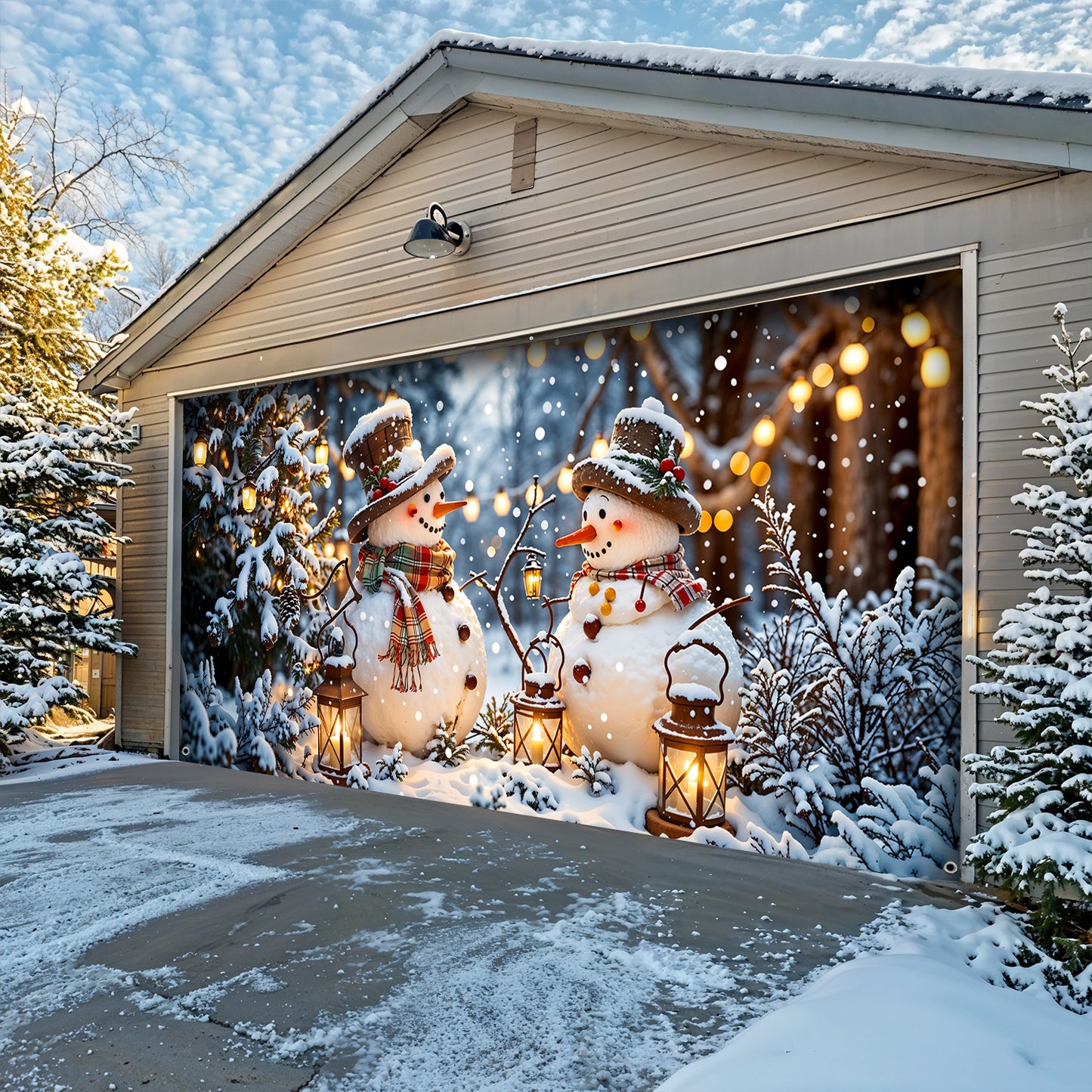 Christmas Garage Door Banner Decoration - Happy Snowmen’s Cozy Forest Glow
