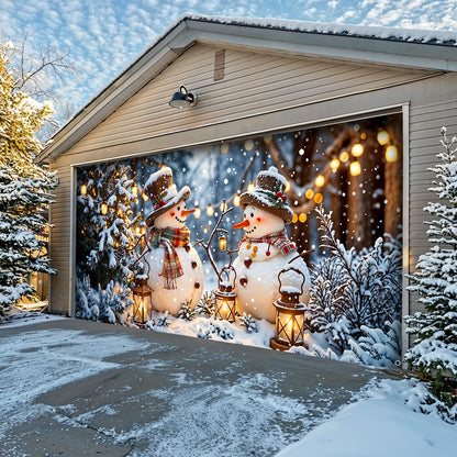 Christmas Garage Door Banner Decoration - Happy Snowmen’s Cozy Forest Glow
