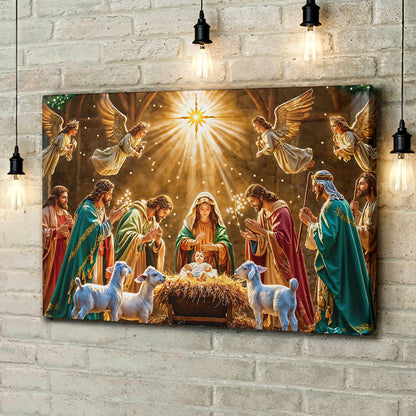 God Wooden-Framed Canvas Wall Art Divine Light at the Manger The Nativity Scene