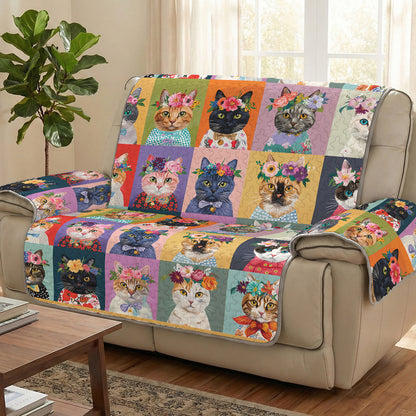 Cat Quilted Sofa Cover Floral Cat Fantasy