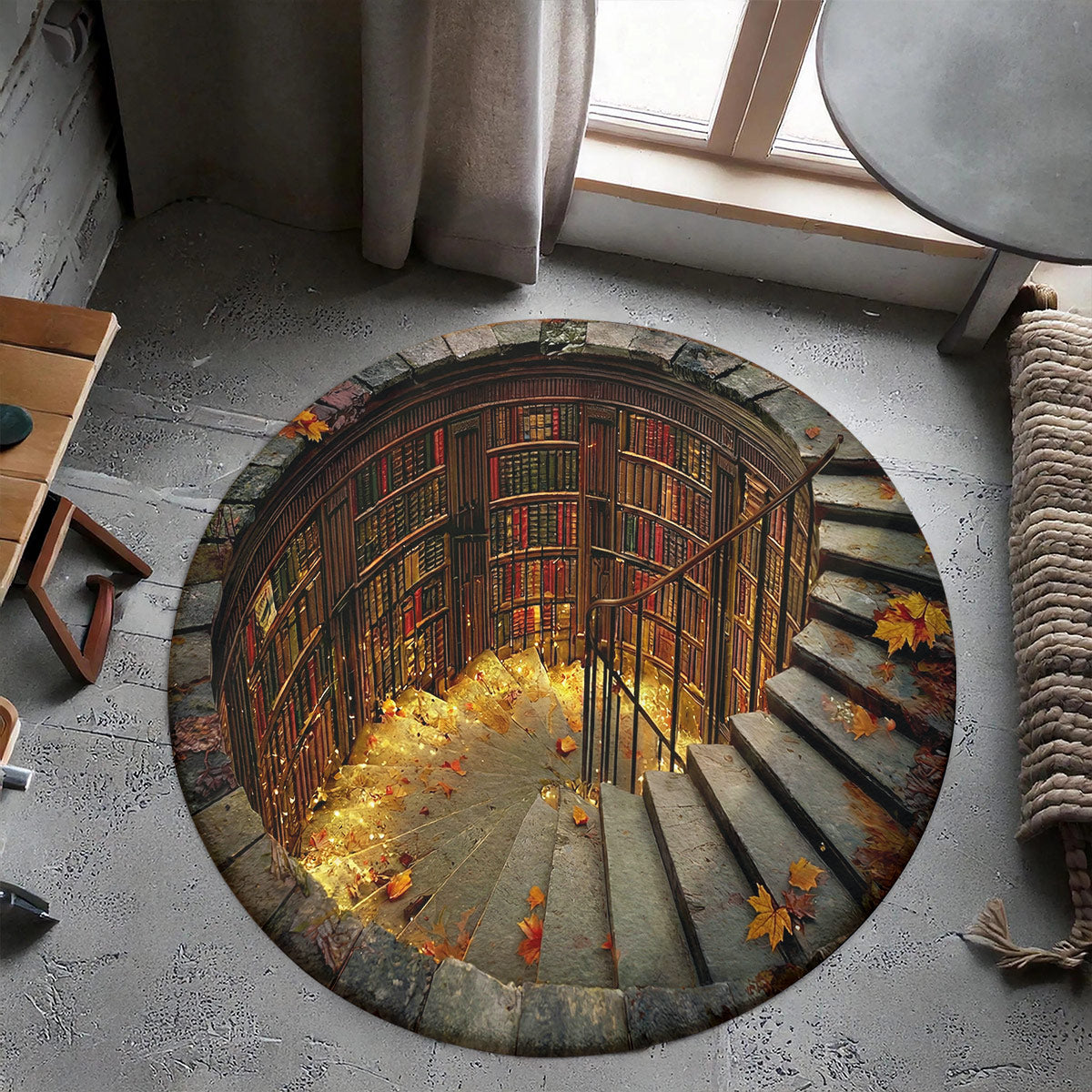 Reading Round Rug Enchanted Spiral Library Hollow 3D Illusion Flat Print