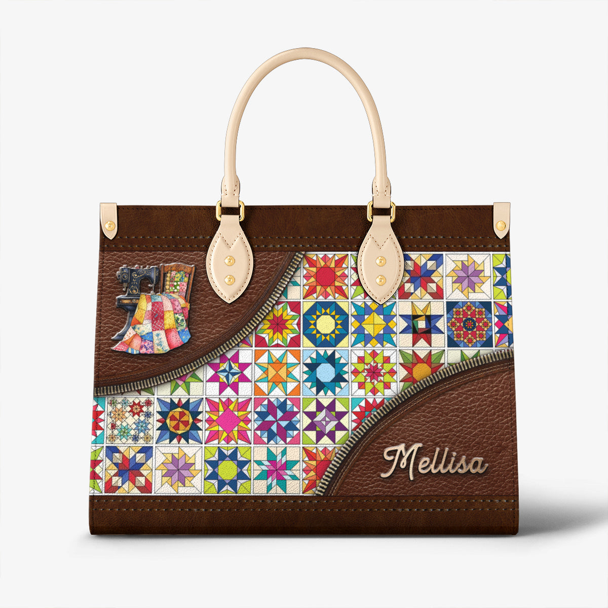 Sewing Lover Leather Handbag Personalized Colorful Quilt Blocks