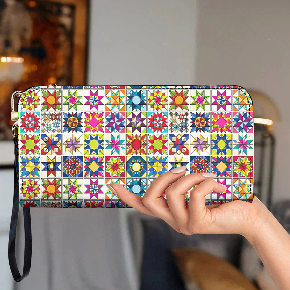 Sewing Lover Leather Wallet Colorful Quilt Blocks